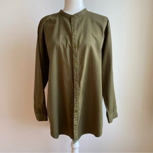 Eileen Fisher 100% Organic Cotton Tunic Length Button Down Olive Green Shirt